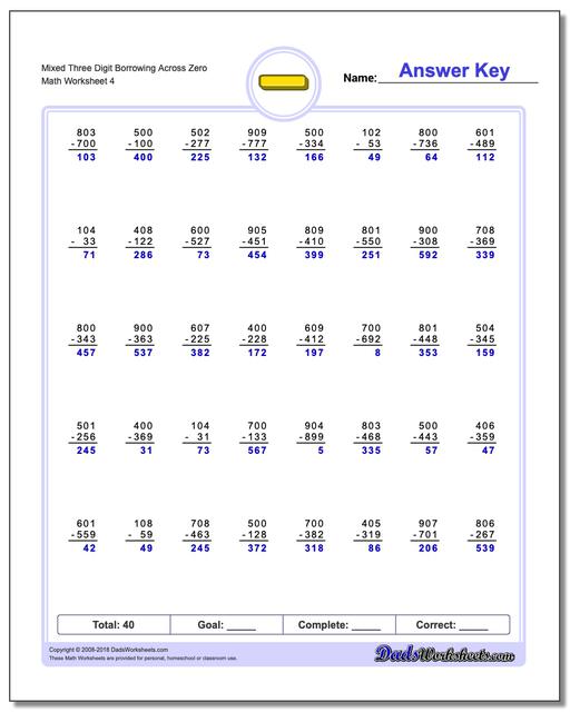 Mixed Three Digit Borrowing Across Zero Worksheet