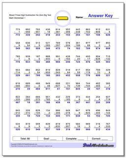 Subtraction Worksheet Mixed Three Digit No Zero Big Test