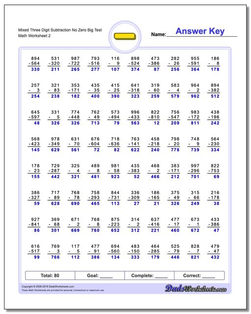 Mixed Three Digit Subtraction Worksheet No Zero Big Test www.dadsworksheets.com/worksheets/subtraction.html