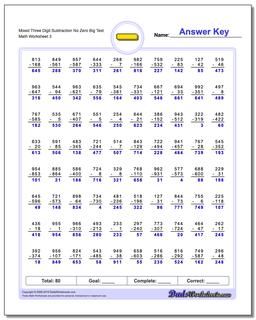 Mixed Three Digit Subtraction Worksheet No Zero Big Test