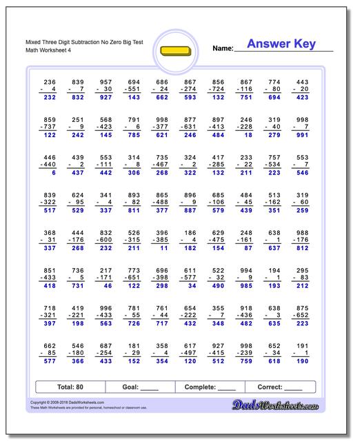 Mixed Three Digit Subtraction Worksheet No Zero Big Test