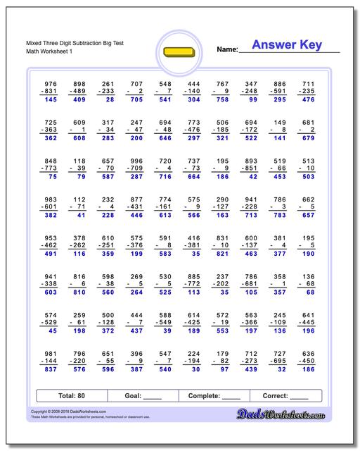 Subtraction Worksheet Mixed Three Digit Big Test