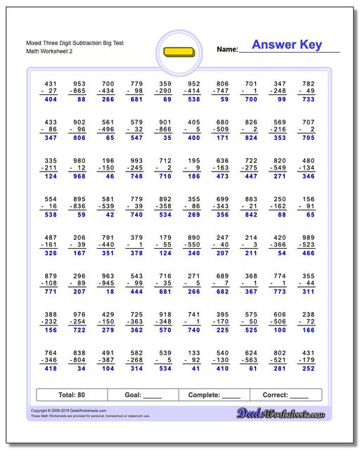 Mixed Three Digit Subtraction Worksheet Big Test www.dadsworksheets.com/worksheets/subtraction.html