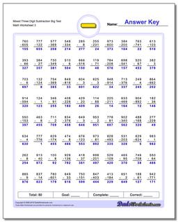 Mixed Three Digit Subtraction Worksheet Big Test