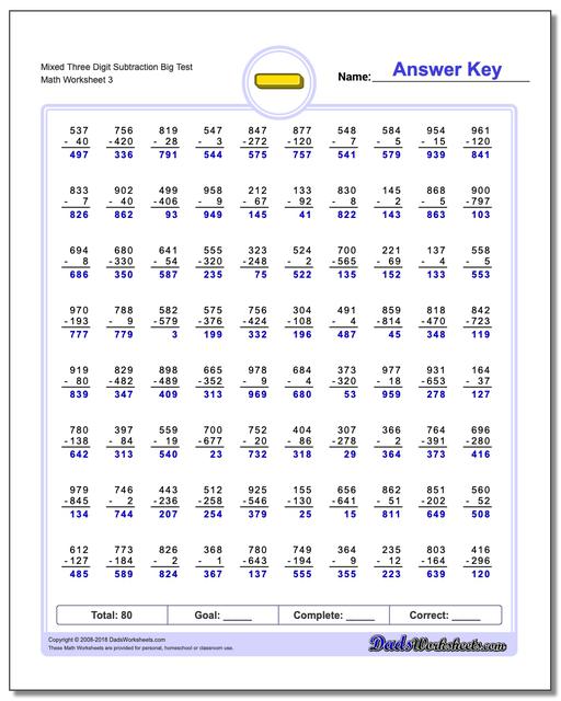 Mixed Three Digit Subtraction Worksheet Big Test