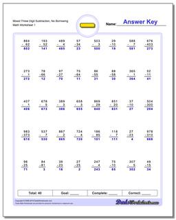 Subtraction Worksheet Mixed Three Digit No Borrowing