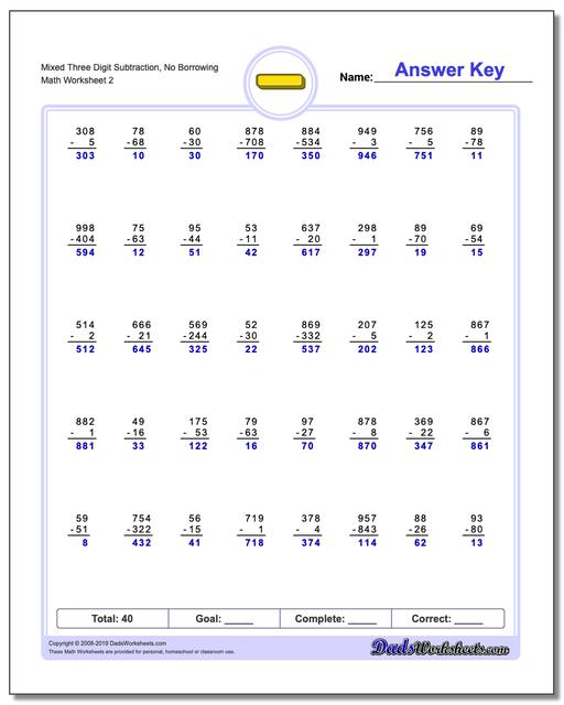 Subtraction Worksheets: No Borrowing