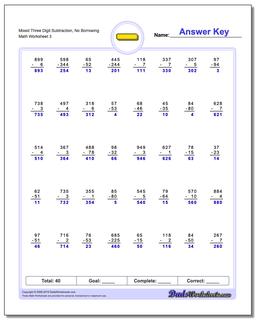 Mixed Three Digit Subtraction Worksheet, No Borrowing