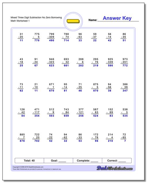 Subtraction Worksheet Mixed Three Digit No Zero Borrowing