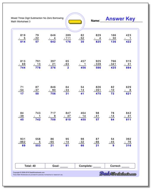 Mixed Three Digit Subtraction Worksheet No Zero Borrowing