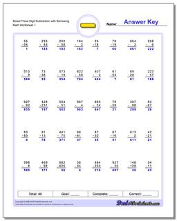 Subtraction Worksheet Mixed Three Digit with Borrowing