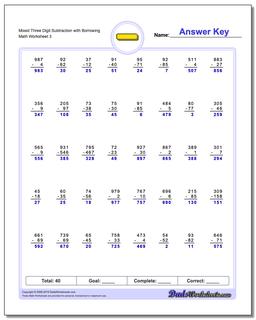 Mixed Three Digit Subtraction Worksheet with Borrowing