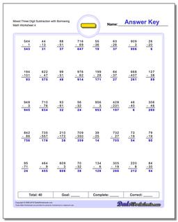 Mixed Three Digit Subtraction Worksheet with Borrowing