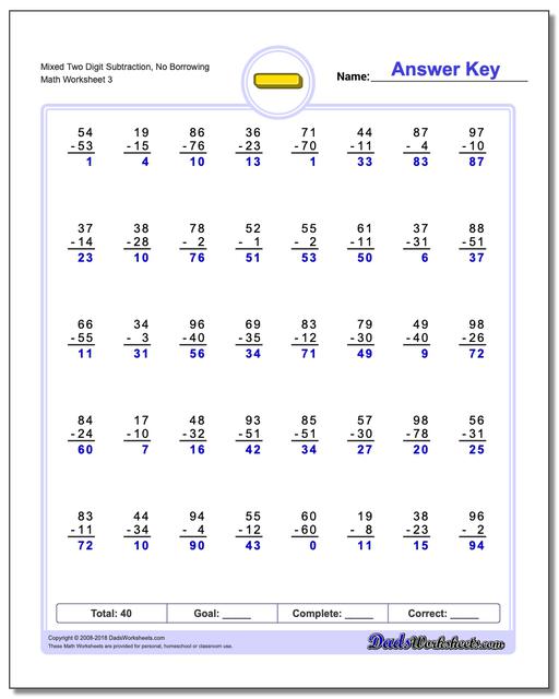Mixed Two Digit Subtraction Worksheet, No Borrowing