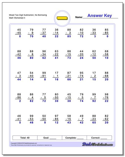 Mixed Two Digit Subtraction Worksheet, No Borrowing