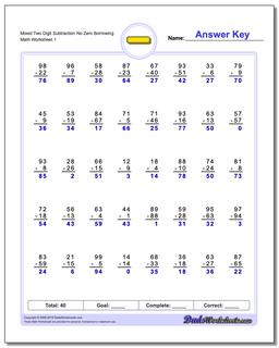 Subtraction Worksheet Mixed Two Digit No Zero Borrowing