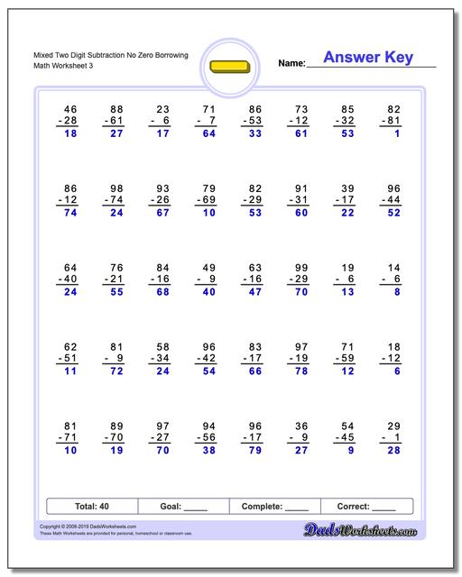 Math Worksheets: Subtraction: Subtraction: Mixed Two Digit Subtraction