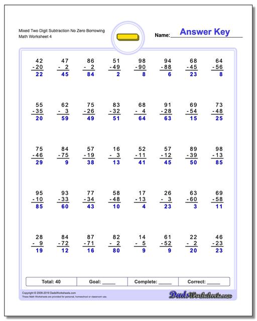 Math Worksheets: Subtraction: Subtraction: Mixed Two Digit Subtraction