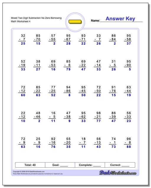 Mixed Two Digit Subtraction Worksheet No Zero Borrowing