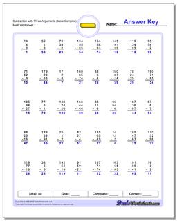 Subtraction Worksheet with Three Arguments (More Complex)