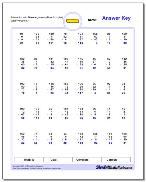 Subtraction Worksheet with Three Arguments (More Complex)