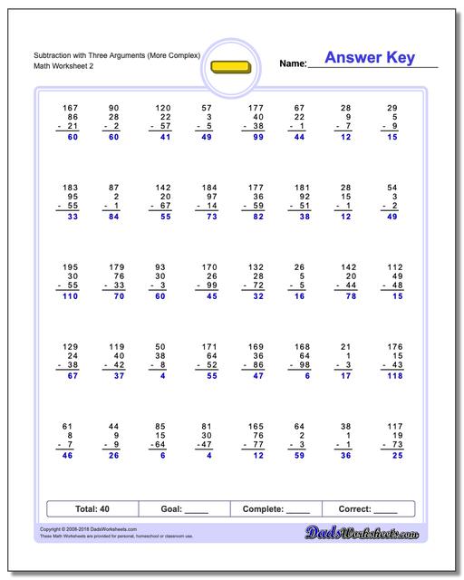 Subtraction Worksheet with Three Arguments (More Complex) www.dadsworksheets.com/worksheets/subtraction.html