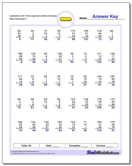 Subtraction Worksheet with Three Arguments (More Complex)