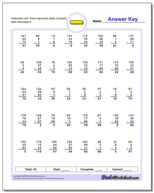 Subtraction Worksheet with Three Arguments (More Complex)