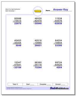 Subtraction Worksheet More Five Digit