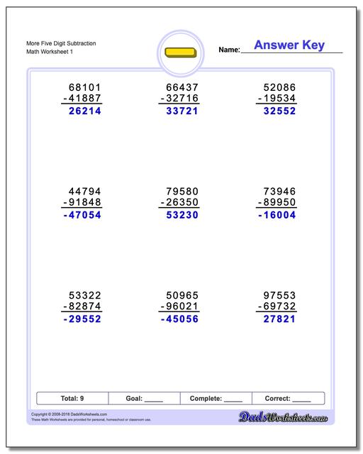 Subtraction Worksheet More Five Digit