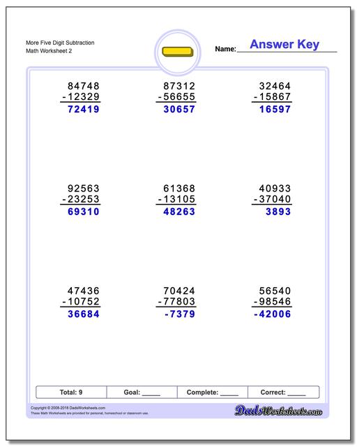 More Five Digit Subtraction Worksheet www.dadsworksheets.com/worksheets/subtraction.html