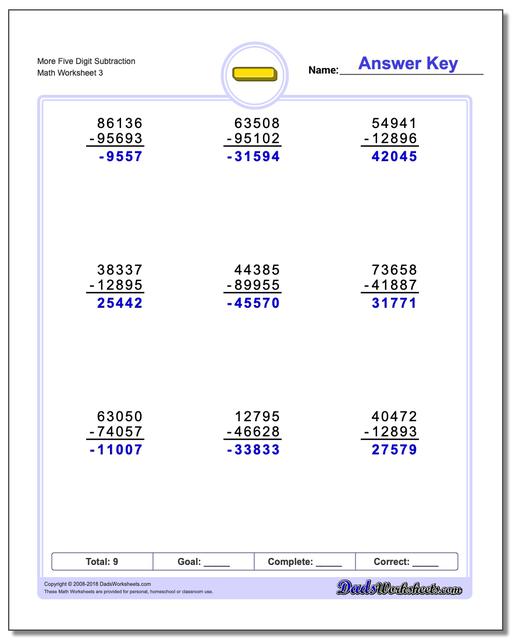 More Five Digit Subtraction Worksheet