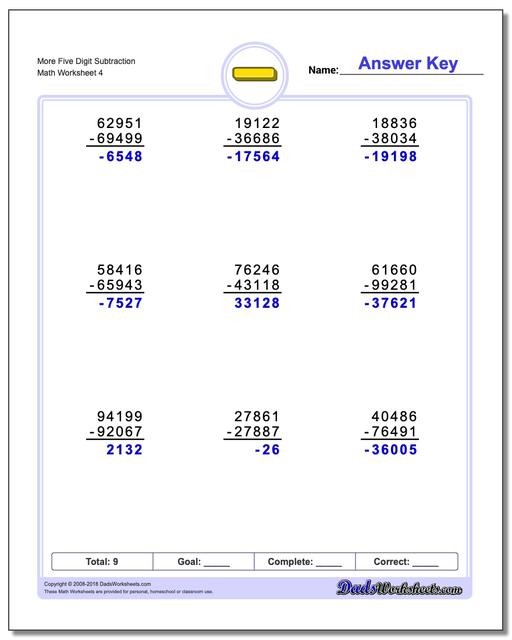 More Five Digit Subtraction Worksheet