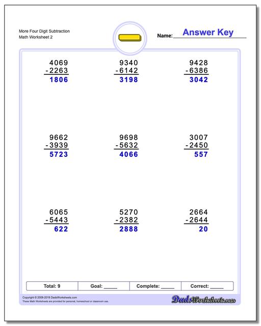 More Four Digit Subtraction Worksheet www.dadsworksheets.com/worksheets/subtraction.html