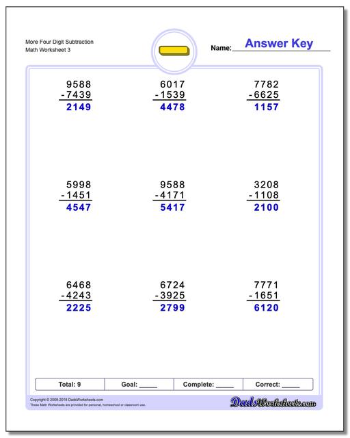 More Four Digit Subtraction Worksheet