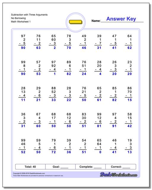 Subtraction Worksheet Three Argument