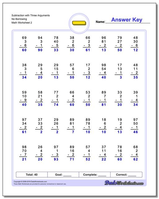 Subtraction Worksheet with Three Arguments No Borrowing www.dadsworksheets.com/worksheets/subtraction.html