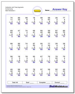 Subtraction Worksheet with Three Arguments No Borrowing