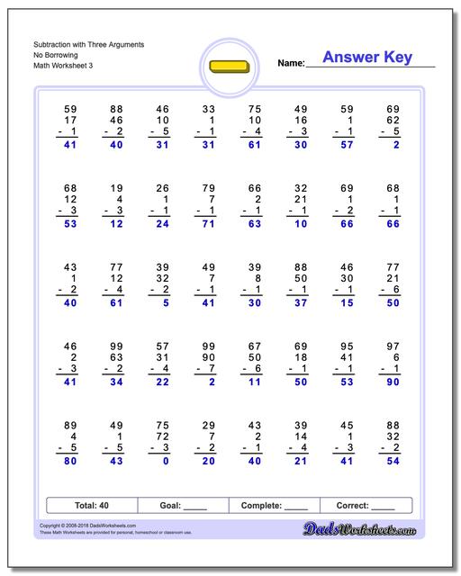 Subtraction Worksheet with Three Arguments No Borrowing