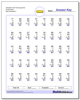 Subtraction Worksheet with Three Arguments No Borrowing