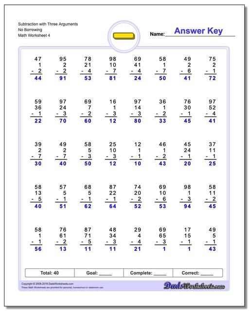Subtraction Worksheet with Three Arguments No Borrowing