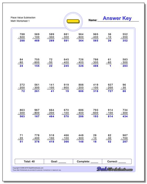 Subtracting Using Place Value Chart