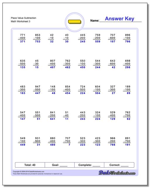 Place Value Subtraction Worksheet
