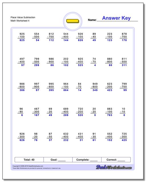 Place Value Subtraction Worksheet