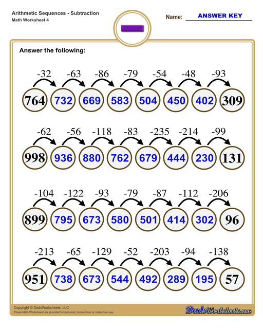 Subtraction Sequence Worksheets
