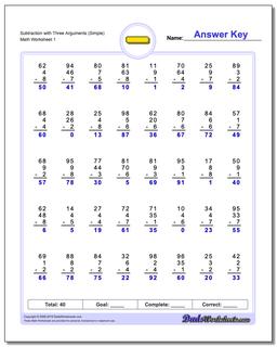Subtraction Worksheet with Three Arguments (Simple)
