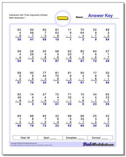 Subtraction Worksheet with Three Arguments (Simple)