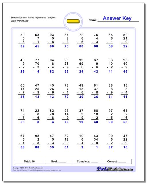 Subtraction Worksheet with Three Arguments (Simple)
