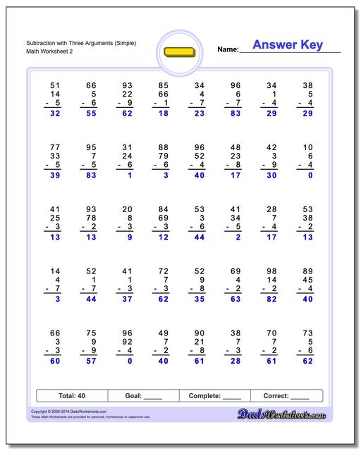 Subtraction Worksheet with Three Arguments (Simple) www.dadsworksheets.com/worksheets/subtraction.html