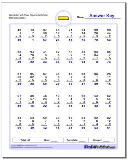 Subtraction Worksheet with Three Arguments (Simple)
